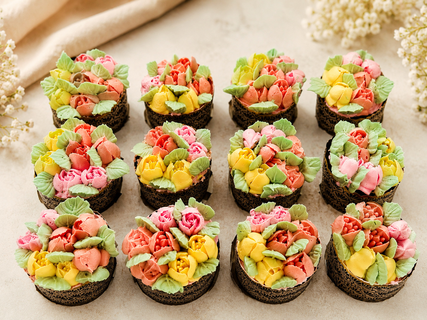 Twelve cupcakes decorated with colorful hand-piped buttercream flowers