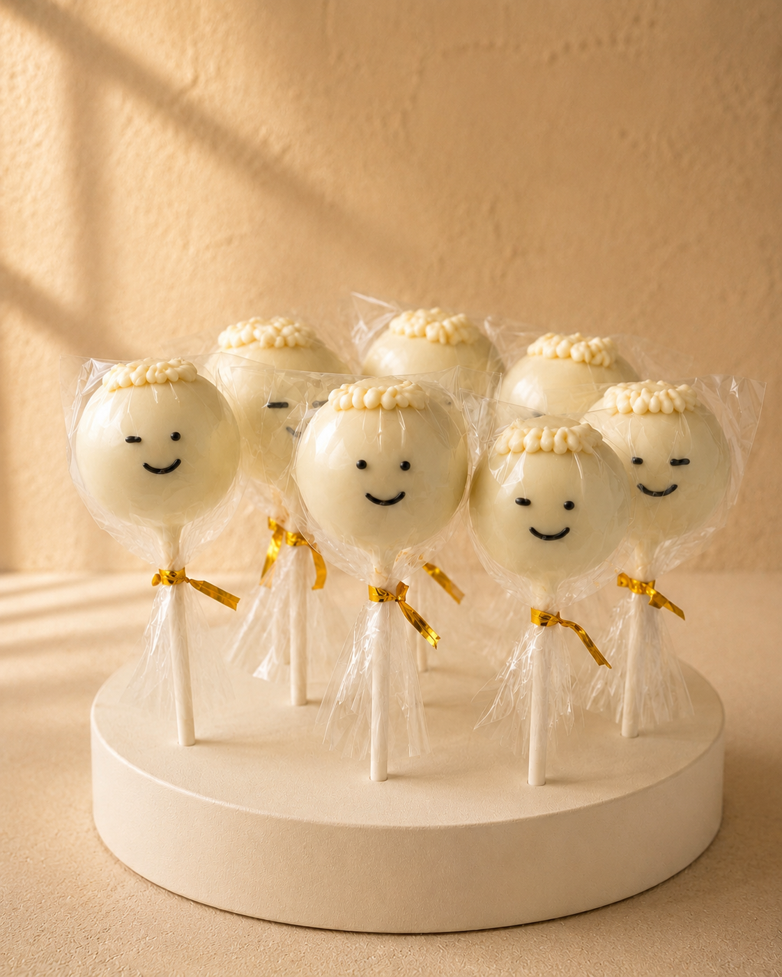 White chocolate celebration cake pops with smiling faces and gold bows