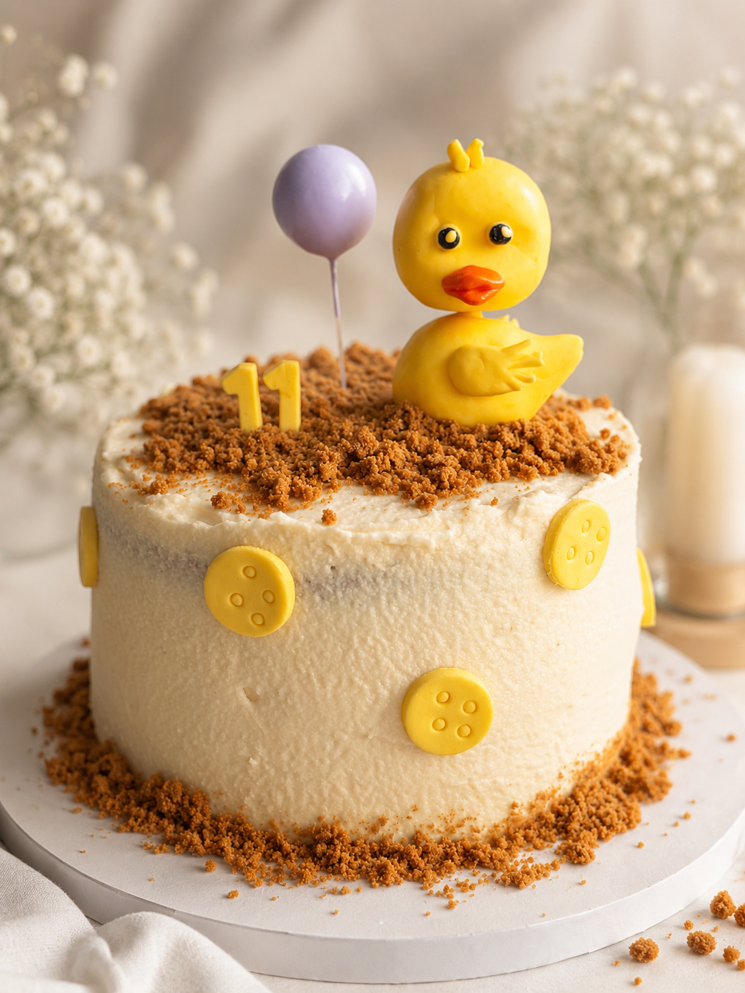 Textured celebration cake topped with a handcrafted yellow duck